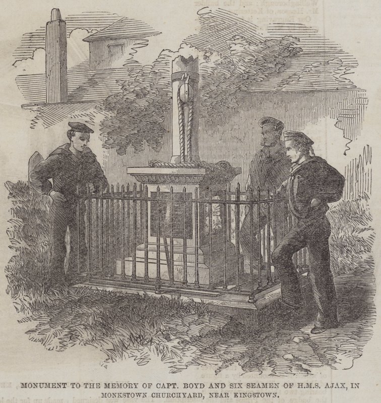 Monument till minnet av kapten Boyd och sex sjömän från HMS Ajax, i Monkstown Churchyard, nära Kingstown (gravyr) av English School