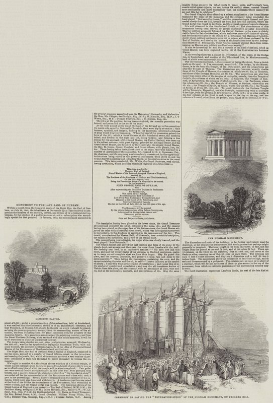 Monument till den sene earlen av Durham (gravyr) av English School