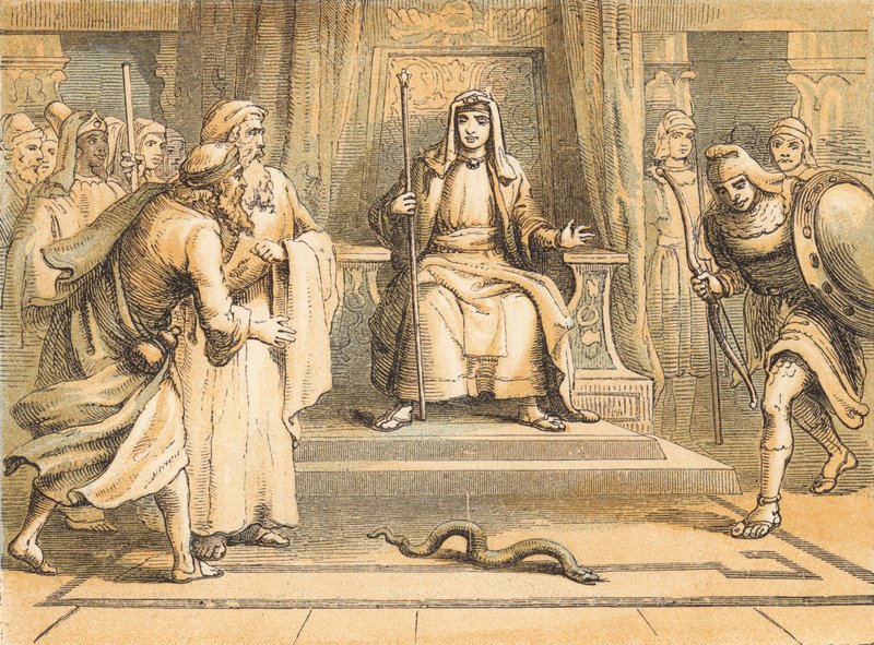 Moses och Aron inför farao (färgad gravyr) av English School