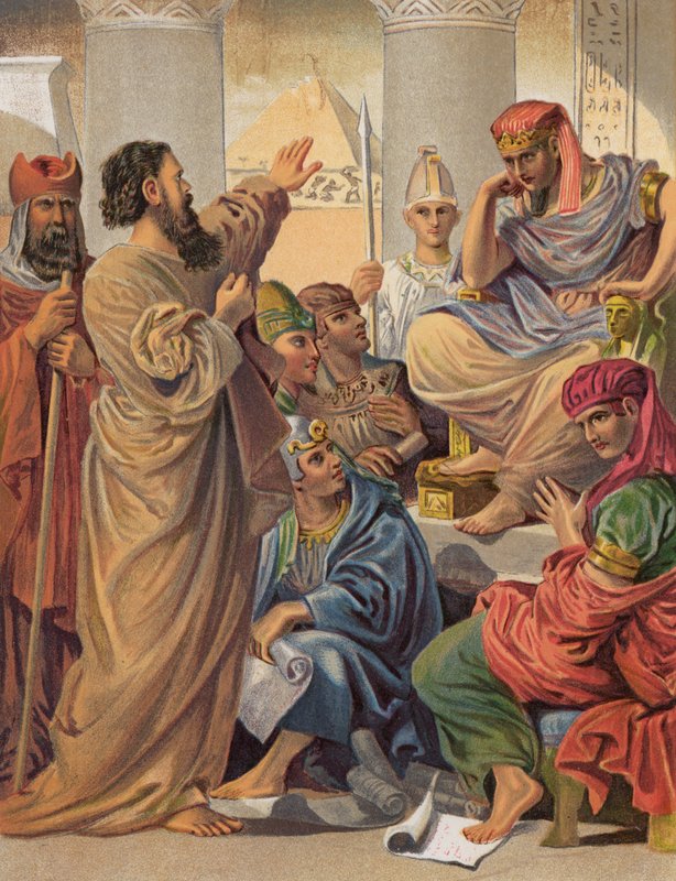 Moses och Aron före farao, Exodus, VII (färg litho) av English School