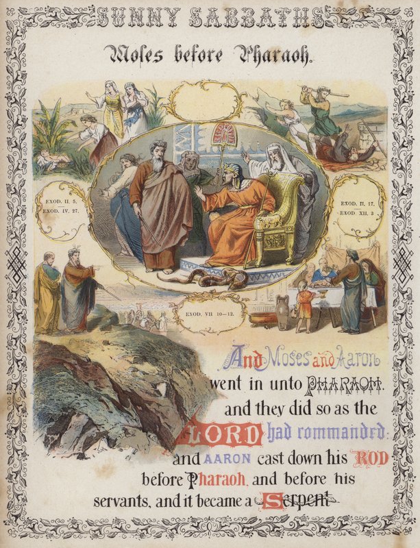 Moses inför farao (färgad gravyr) av English School