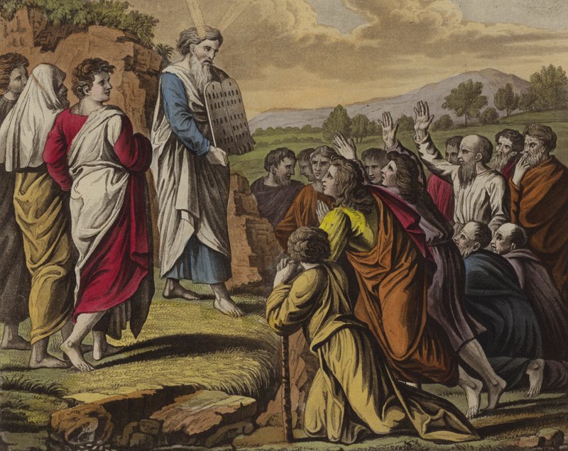 Moses levererar de tio budorden (färg litho) av English School