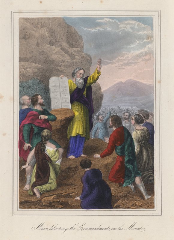 Moses överlämnar de tio budorden (kolorerad gravyr) av English School