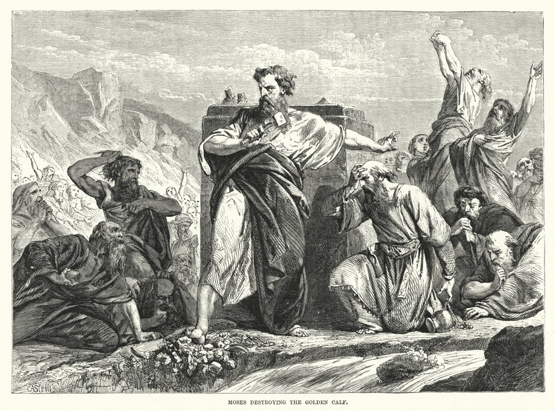 Moses förstör guldkalven (gravyr) av English School