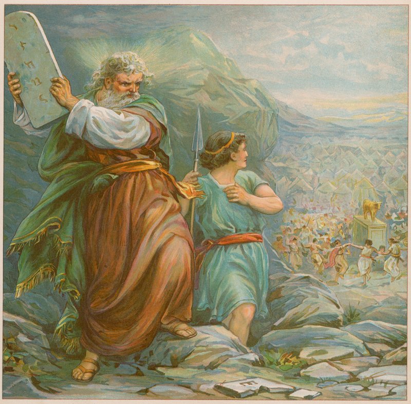 Moses håller i en av tavlorna som innehåller de tio budorden av English School