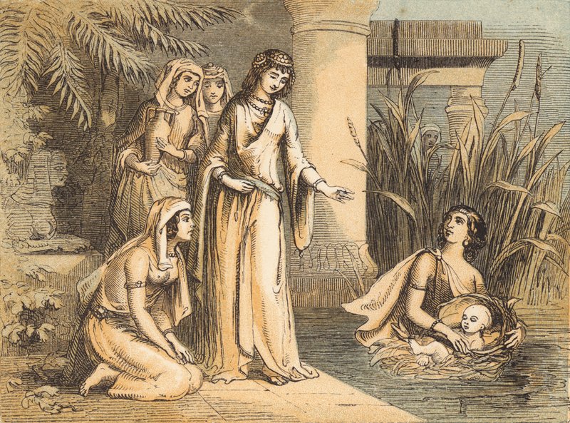 Moses in the Bulrushes (färgad gravyr) av English School