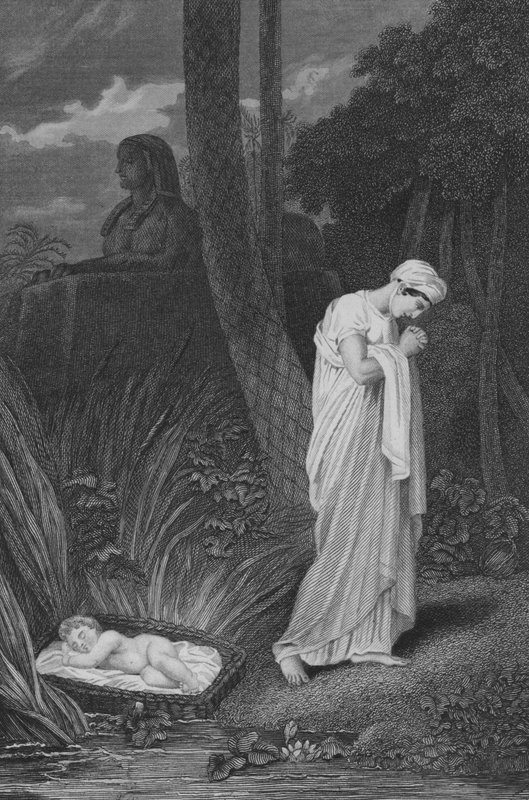 Moses lämnade i Bulrushes (gravyr) av English School
