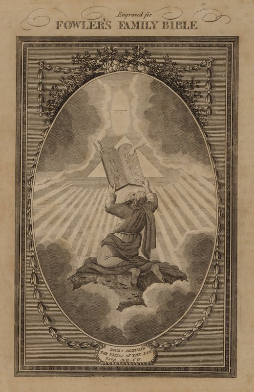 Moses tar emot lagens tabeller, 2 Mosebok, kapitel 31, vers 18 (gravyr) av English School