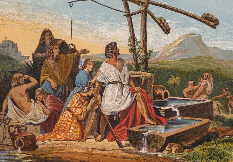Moses räddar Jethros döttrar (färglitografi) av English School