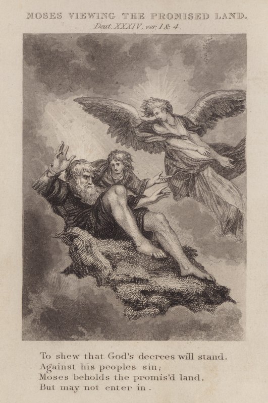 Moses tittar på det utlovade landet, Femte Mosebok XXXIV, ver 1 och 4 (gravyr) av English School