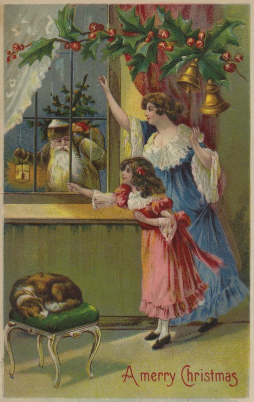Mor och dotter, vinkar till jultomten (chromolitho) av English School