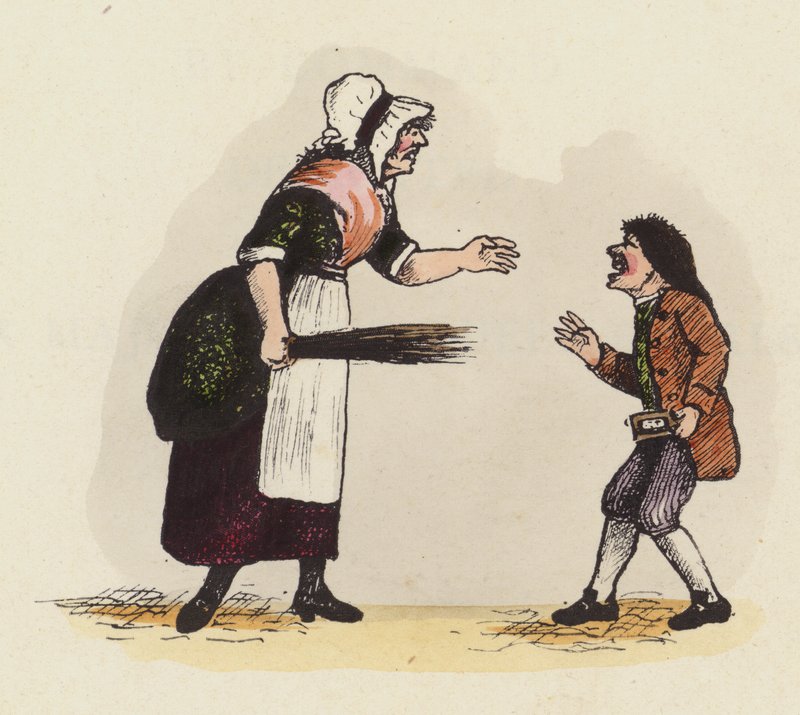 Mamma, eller skoldam, tuktar en pojke som håller i en hornbok (färgad gravyr) av English School