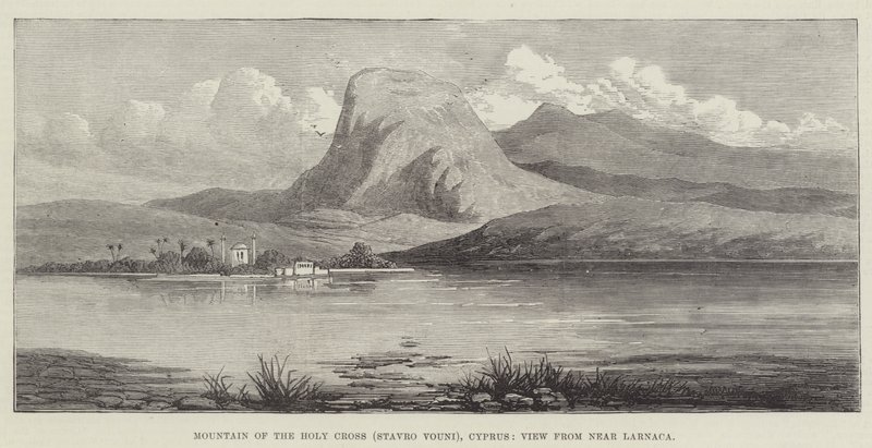 Det heliga korsets berg (Stavro Vouni), Cypern, utsikt från nära Larnaca (gravyr) av English School