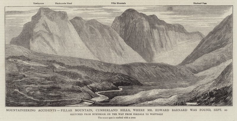 Bergsbestigningsolyckor, Pillar Mountain, Cumberland Hills, där Mr Edward Barnard hittades av English School