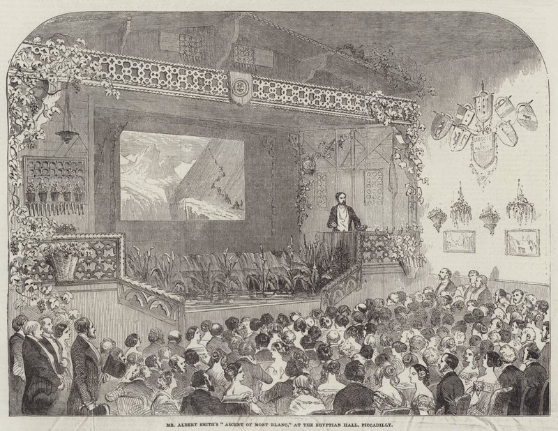 Mr Albert Smiths "Ascent of Mont Blanc," i Egyptian Hall, Piccadilly (gravyr) av English School