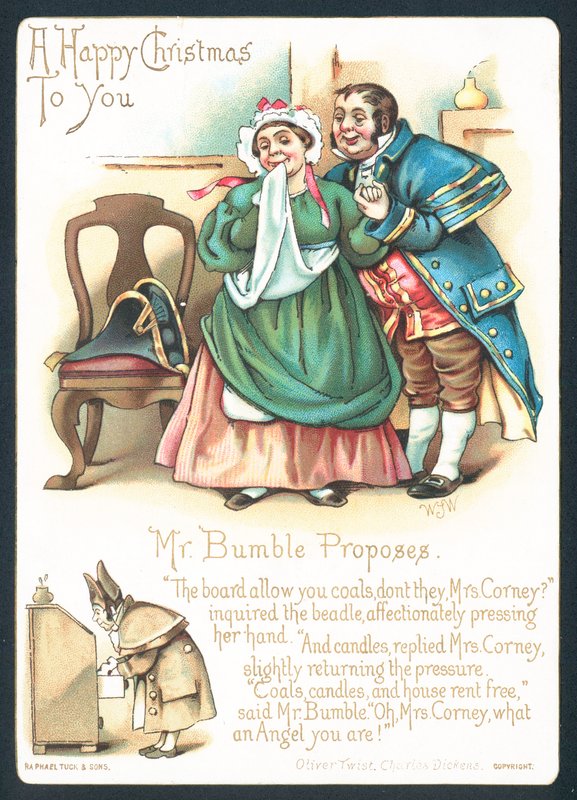 Mr Bumble och Mrs Corney, julkort av English School