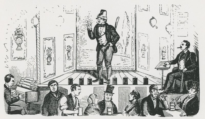 Mr C George, den irländska sångaren, framträder i Borough Music Hall, Union Street, Southwark av English School