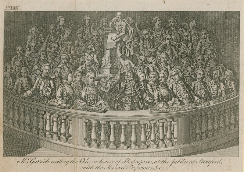Mr David Garrick reciterar Ode, till William Shakespeares ära vid jubileet i Stratford av English School