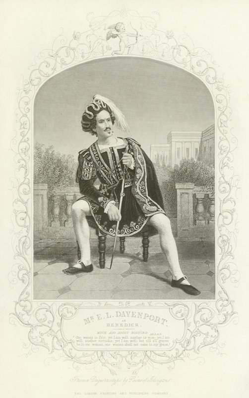 Mr E L Davenport som Benedick, Much Ado About Nothing, Akt II, scen iii av English School