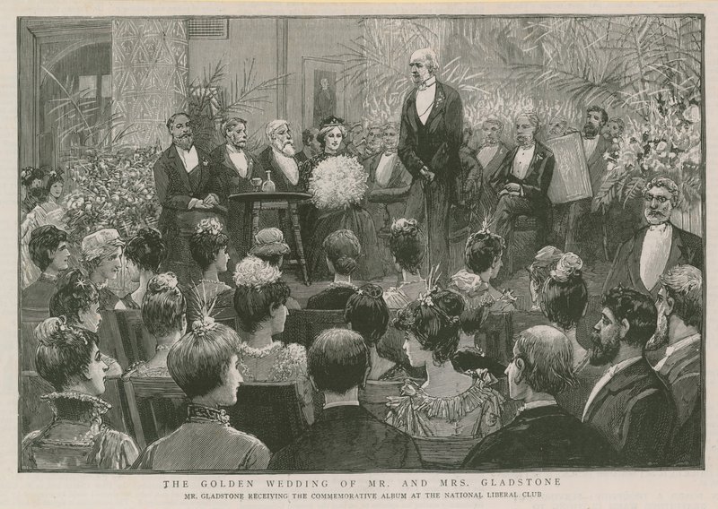 Mr Gladstone tar emot minnesalbumet på National Liberal Club av English School