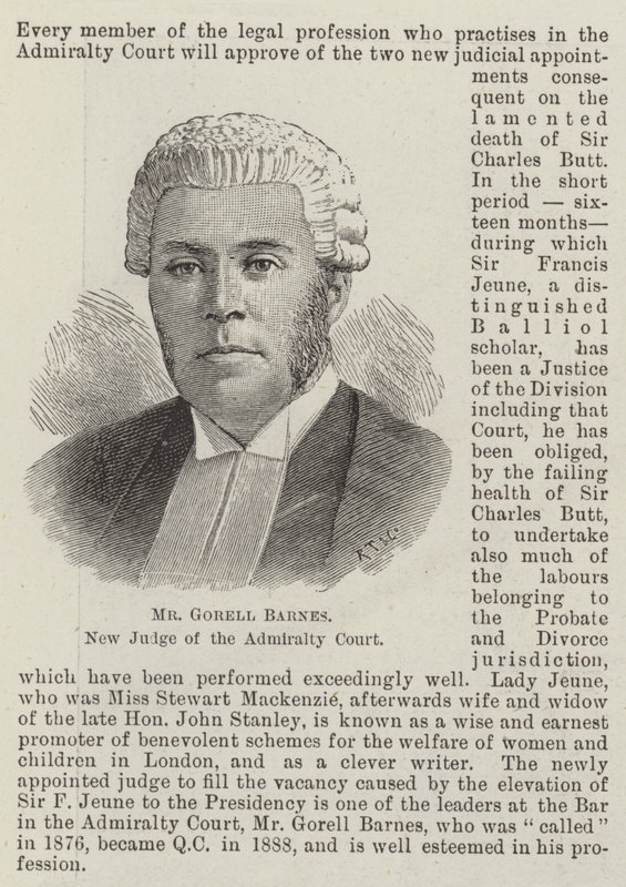 Mr Gorell Barnes, ny domare vid amiralitetsdomstolen (gravyr) av English School