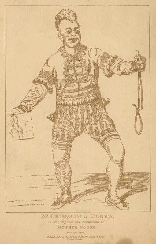 Mr Joseph Grimaldi som clown i den populära pantomimen Mother Goose av English School