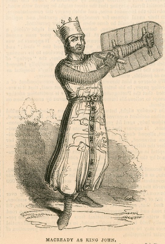 Mr Macready i titelrollen i pjäsen King John, Drury Lane Theatre, London av English School