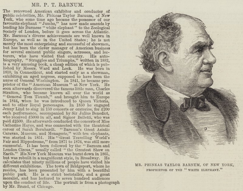 Mr Phineas Taylor Barnum, från New York, innehavare av "White Elephant" (gravyr) av English School