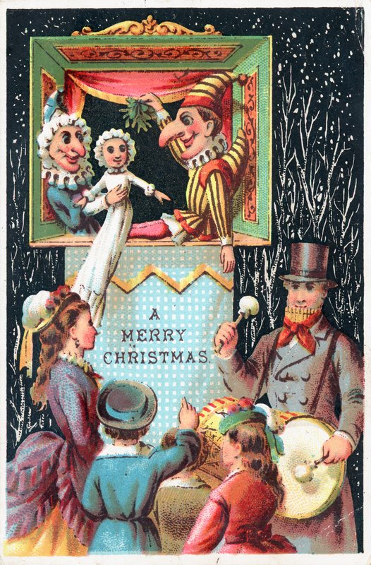 Mr Punch håller mistel, julkort av English School