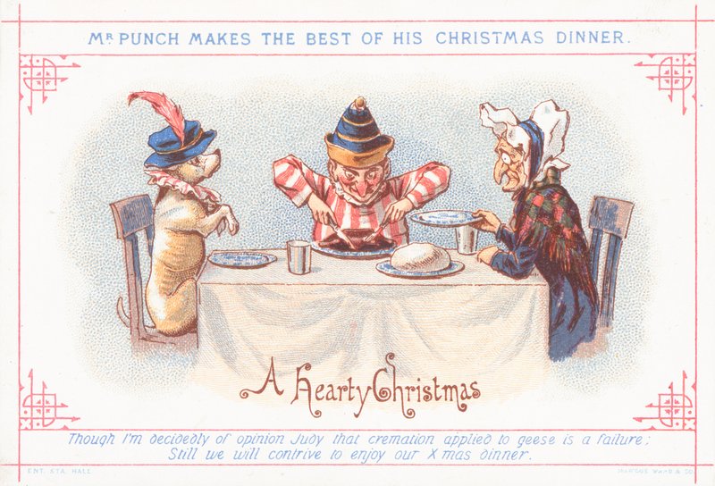 Mr Punch sitter ner till julmiddag, julkort av English School