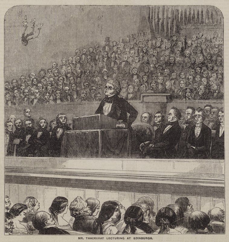 Mr Thackeray föreläser i Edinburgh (gravyr) av English School