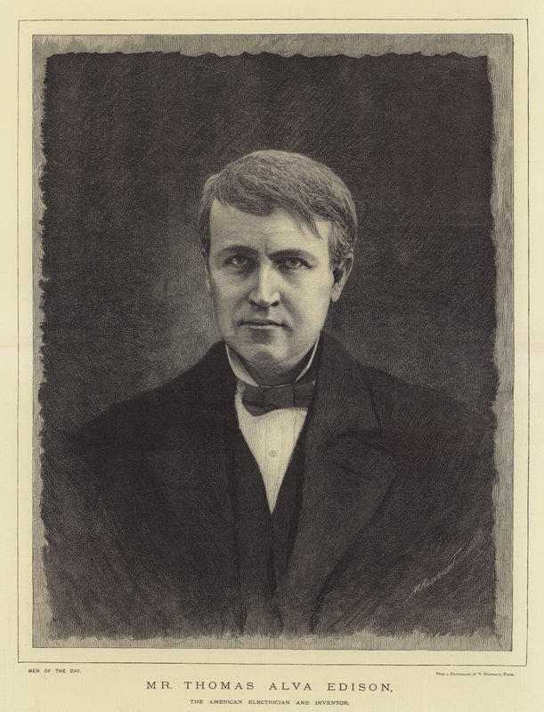 Thomas Alva Edison, den amerikanske elektrikern och uppfinnaren (gravyr) av English School