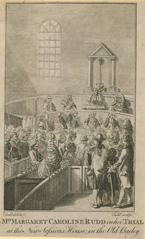 Mrs Margaret Caroline Rudd på sin rättegång i det nya Sessions House i Old Bailey av English School