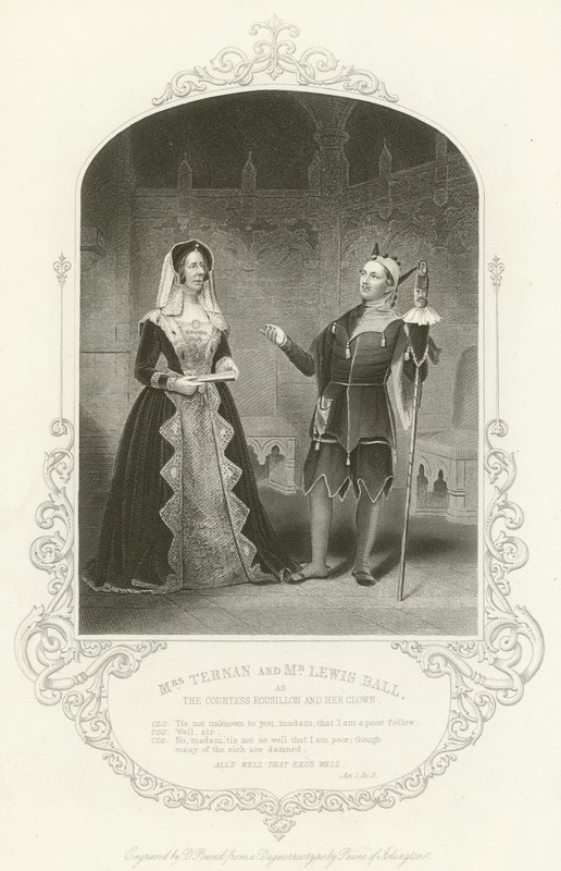 Mrs Ternan och Mr Lewis Ball som grevinnan Rousillon och hennes clown, Alls Well That Ends Well, Akt I, scen III av English School