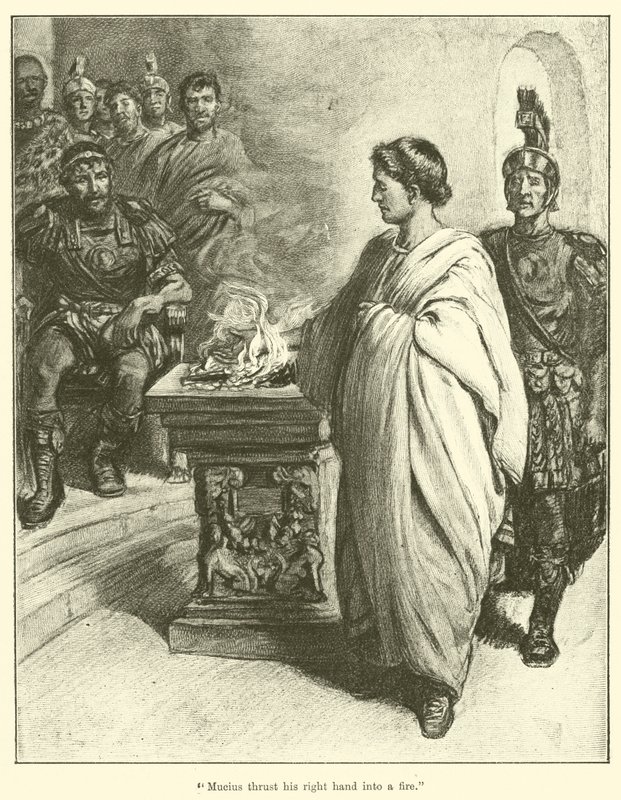 "Micius stack in sin högra hand i en eld" (gravyr) av English School
