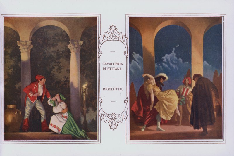 Väggmålningar i Peter Robinsons restaurang: Cavalleria Rusticana, Rigoletto (färg litho) av English School