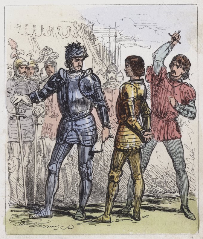 Mordet på prins Edward i Tewkesbury (färgad gravyr) av English School
