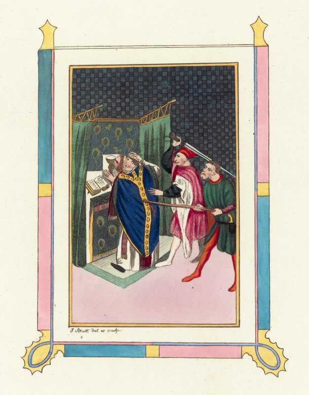 Mordet på Thomas Becket (färgad gravyr) av English School