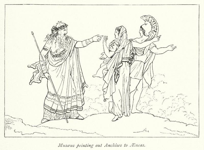 Musaeus pekar ut Anchises till Aeneas (litho) av English School