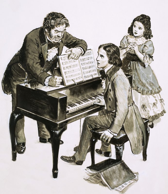 Musikläraren Friedrich Wieck ropar på Robert Schumann medan hans dotter, Clara Wieck, tittar på av English School
