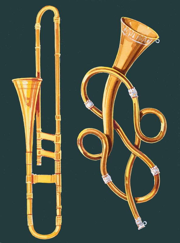Musikinstrument: Trombon och labyrintisk trumpet av English School