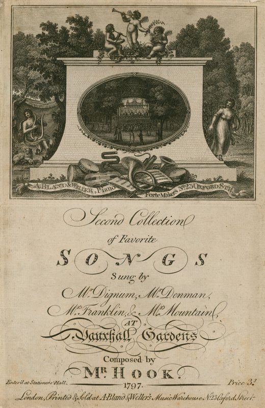 Musikmusik som samlar favoritlåtar som sjungs på Vauxhall Gardens, London, komponerade av Mr Hook av English School