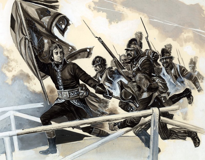 Napoleon leder sin armé över bron vid Lodi. av English School