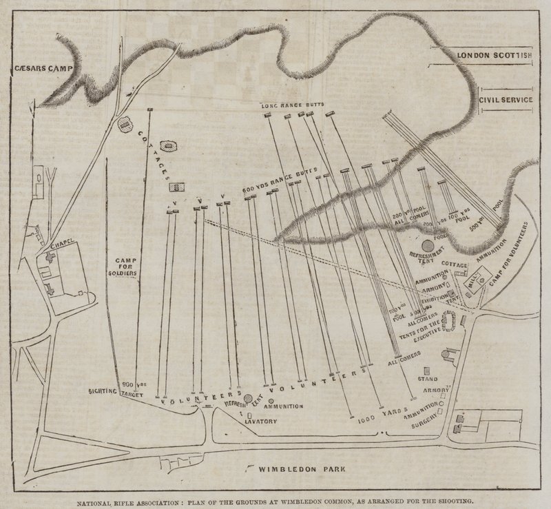 National Rifle Association, Plan of the Grounds vid Wimbledon Common, som arrangerat för skjutningen (gravyr) av English School