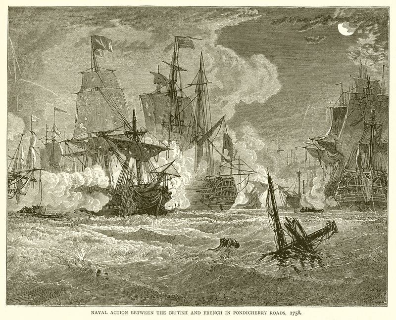 Sjöstrid mellan britterna och fransmännen på Pondicherry Roads, 1758 av English School