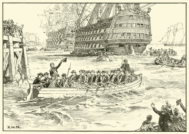 Nelson går ombord på sitt flaggskepp i Portsmouth (bläck på papper) av English School