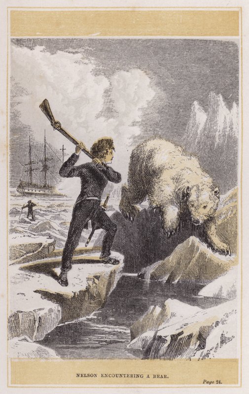 Nelson möter en björn (färgad gravyr) av English School