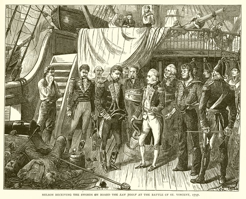 Nelson tar emot svärden ombord på San Josef i slaget vid St. Vincent, 1797 av English School