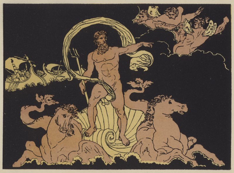 Neptunus stillar vågorna (färg litho) av English School