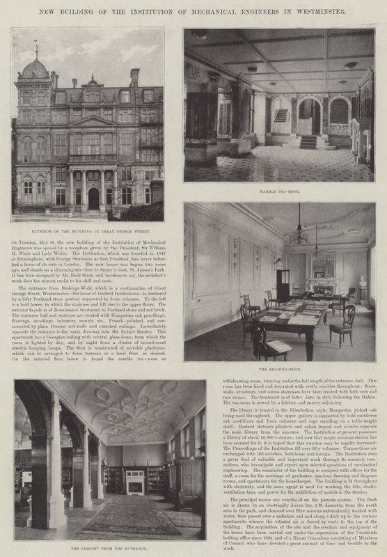 Ny byggnad av Institution of Mechanical Engineers i Westminster (gravyr) av English School